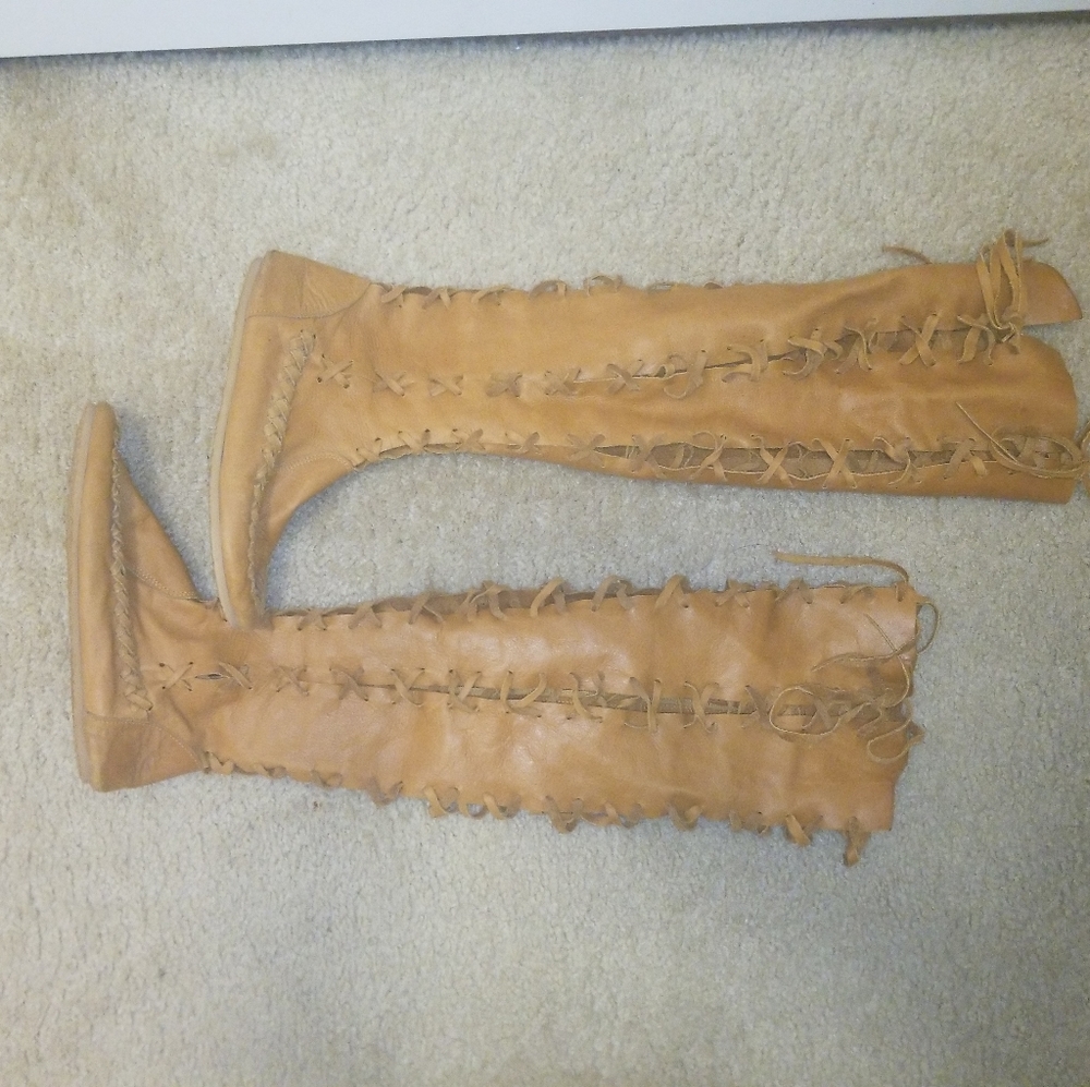 Tan knee high leather boots